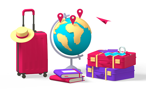 3d render traveler set of suitcase with luggage and globe using like map with points. Isolated concept journey equipment for weekend with flight in summer season. Low poly.  illustration.