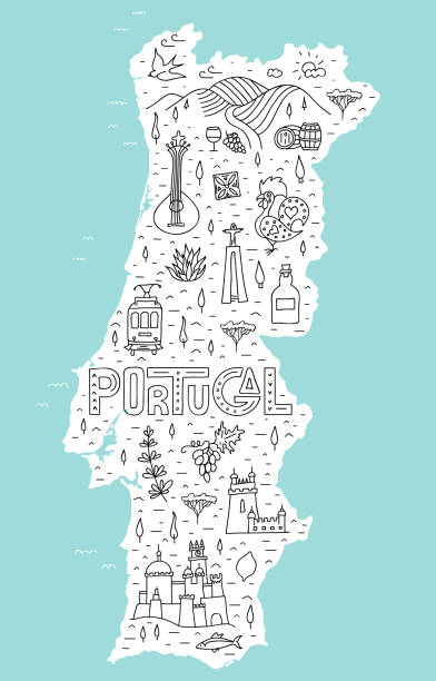 Stylized tourist map of Portugal with main symbols and attractions. Vector. Travel map of Portugal. Hand-drawn poster with the main symbols and landmarks of the country in outline style. Vector pipe illustration. Card with lettering and attractions. portugal stock illustrations