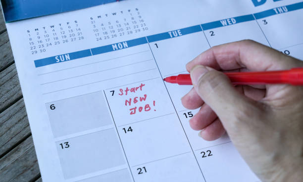 istock Start new job. Words in red on calendar. 1220922274