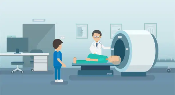 Vector illustration of Doctor with patient in mri scanner