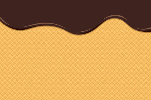 illustrazioni stock, clip art, cartoni animati e icone di tendenza di il gelato al cioccolato si scioglie e scorre sulla superficie tostata del waffle. sfondo torta dolce con texture wafer glassata. illustrazione piatta vettoriale - ice cream dark backgrounds close up