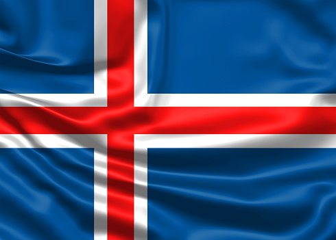 Realistic flag. Iceland flag blowing in the wind. Background silk texture. 3d illustration.