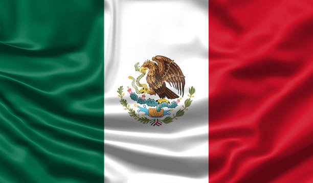 istock Realistic flag. Mexico flag blowing in the wind. Background silk texture. 3d illustration. 1220923344