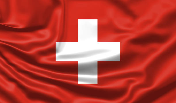 Realistic flag. Switzerland flag blowing in the wind. Background silk texture. 3d illustration.