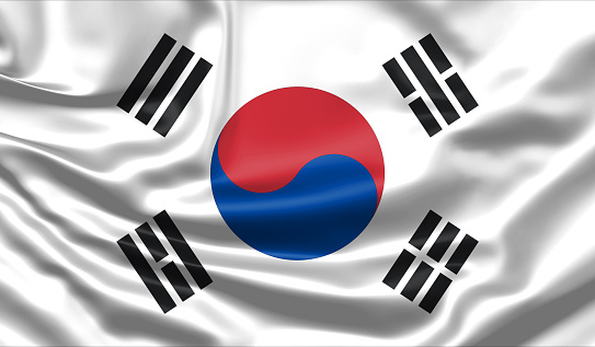 Realistic flag. South Korea flag blowing in the wind. Background silk texture. 3d illustration.