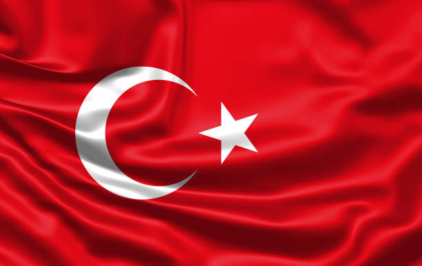 istock Realistic flag. Turkey flag blowing in the wind. Background silk texture. 3d illustration. 1220923359
