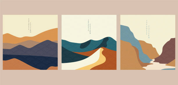ilustrações, clipart, desenhos animados e ícones de fundo paisagístico com vetor de padrão de onda japonês. modelo de montanha. design de layout de papel de parede do deserto. - ninguém ilustrações