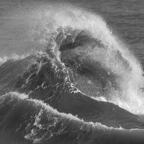 istock Amzing image of individual wave breaking and cresting during violent windy storm in black and white with superb detail 1220924301