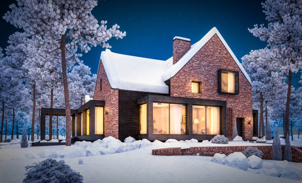 istock 3d rendering of modern clinker house on the ponds with pool in winter night 1220929024