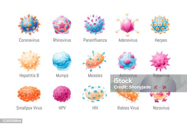Vector Set Of Common Viruses Microbiology Models Of Pathogens Vector Illustration In Cartoon Style Isolated Objects Stock Illustration - Download Image Now