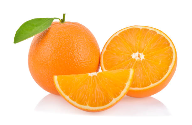 istock Orange fruit with orange slices and leaves isolated on white background. 1220931343