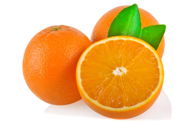 istock Orange fruit with orange slices and leaves isolated on white background. 1220931727