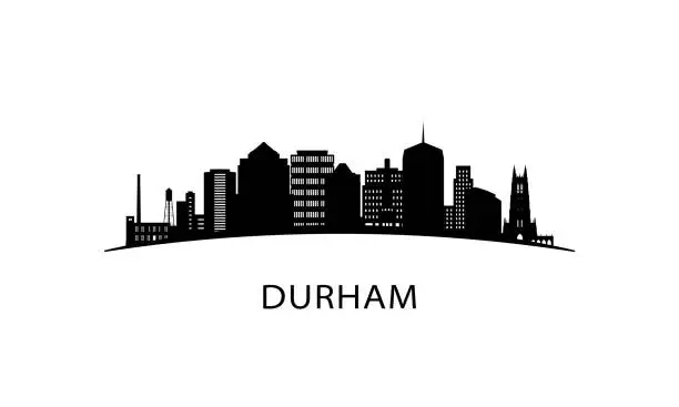 Vector illustration of Durham city skyline. Black cityscape isolated on white background. Vector banner.