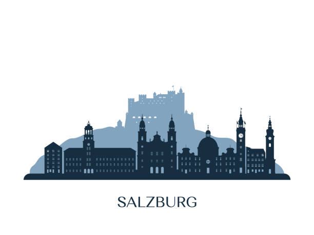 ザルツブルクのスカイライン、モノクロシルエット。ベクターの図。 - salzburg austria travel destinations famous place点のイラスト素材／クリップアート素材／マンガ素材／アイコン素材