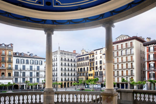 A view of La Perla hotel from the bandstand on Castillo Square A view of La Perla hotel from the bandstand on Castillo Square. Ernest Hemingway made this Pamplona hotel famous when he stayed there during the San Fermin Bull run festival in 1953. hemingway house stock pictures, royalty-free photos & images