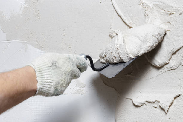 ręce pracownika trzymające łopatkę z mokrym betonem - peeling paint wall white zdjęcia i obrazy z banku zdjęć