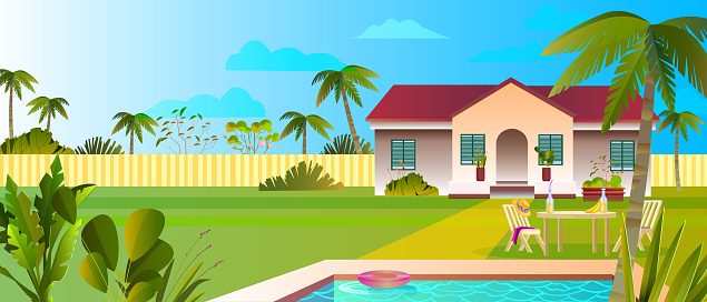 Summer banner with luxury villa, pool, plants, palms, lawn, clouds, fence, outdoor furniture.