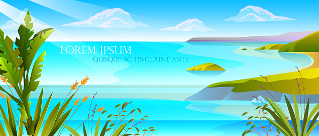 Summer seascape with green hills, blue lagoon, copy space. Stock vacation concept for advertisements, travel agencies.