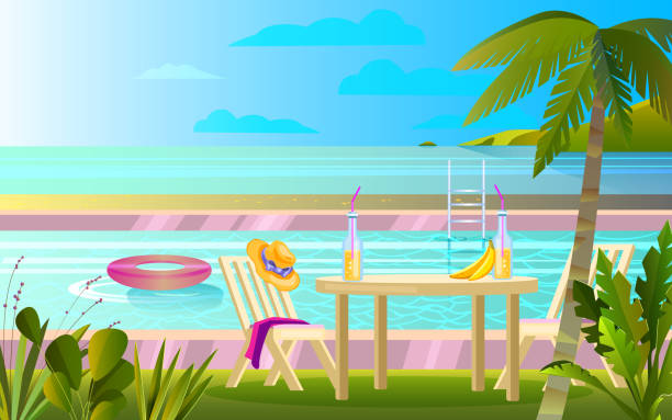 Summer rest banner with pool, table, chair, palm, hat. Picnic near ocean background in flat style. Tropical vacation concept with backyard, furniture, sea, clouds, exotic plants. banana seat stock illustrations