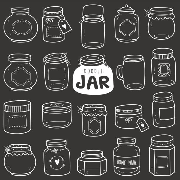 ilustraciones, imágenes clip art, dibujos animados e iconos de stock de chalkboard vector doodle ilustración: jars - frasco para conservas