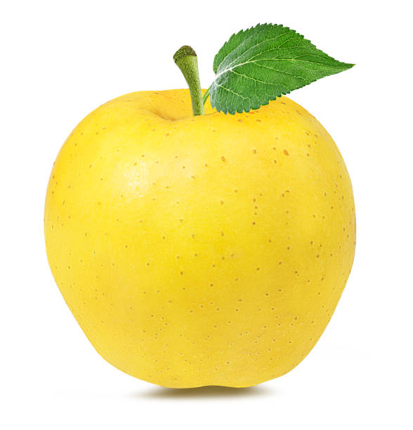 istock Yellow apple with leaf isolated on white background with clipping path 1220943986