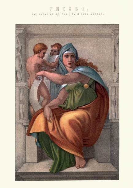 Delphic Sibyl fresco by Michelangelo Vintage illustration of the Delphic Sibyl fresco by Michelangelo. The Delphic Sibyl was a woman from before the Trojan Wars (c. 11th century BC) mentioned by Pausanias writing in the 2nd century AD michelangelo stock illustrations