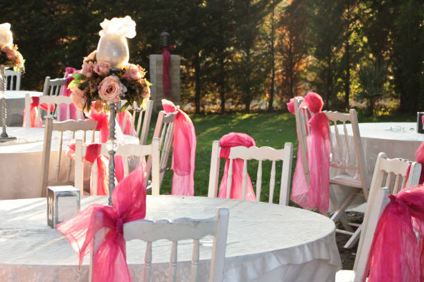 istock Wedding reception in a garden with pink decoration 1220950196