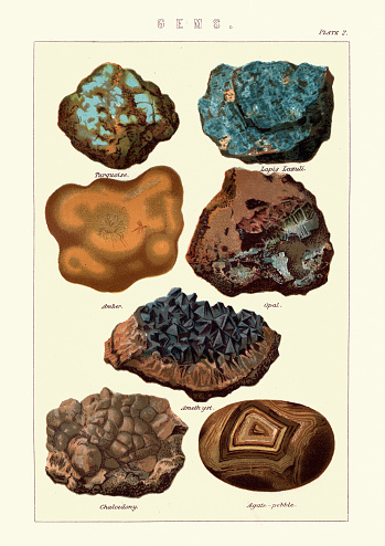 Vintage illustration of Gems, Turquoise, Lapis lazuli, Amber, Opal, Amethyst, Chalcedony, Agate pebble, 19th Century