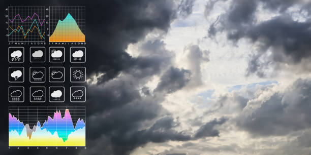istock Weather forecast symbol data presentation with graph and chart on tropical storm background. Dramatic atmosphere panorama view of storm clouds and heavy rain storm on twilight tropical sky. 1220954185
