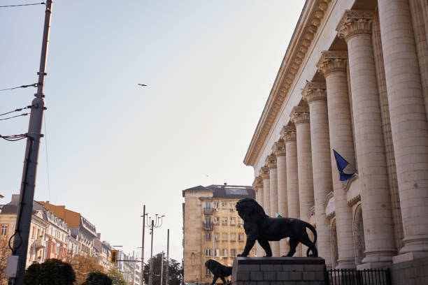 A beautiful sculpture of a lion predator in St. Petersburg in the rays of the sunset light