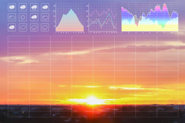 istock Environment data symbol forecast for meteorology presentation and report background with thai architecture silhouette on beautiful freshness morning sunrise. 1220954960