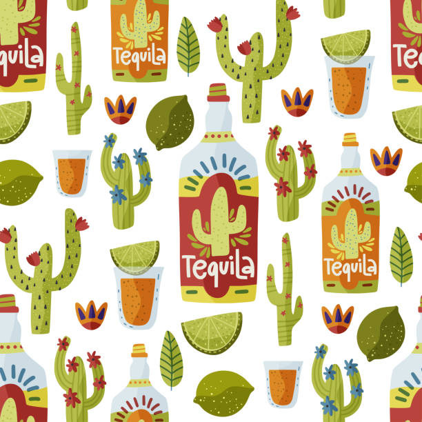 멕시코 데킬라 원활한 벡터 패턴입니다. - shot glass mexican culture lime alcohol stock illustrations