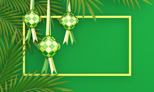 Ketupat traditional food for eid mubarak or Happy Eid al-Fitr in Indonesia or Malaysia, palm leaves on green background. Copy space text area, 3D rendering illustration.
