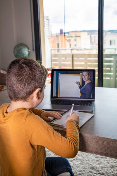 istock Little boy in virtual class. School at home 1220962254