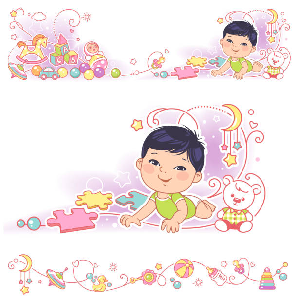 Decorative borders with baby and toys Baby, toys, ornamental border design. Asian baby of 5 months lays on tummy. Vector frames, upper and bottom border.  Decorative elements,  pacifier, carriage, bear. Vector illustration. bear stomach stock illustrations