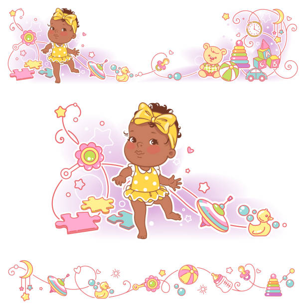 Decorative borders with baby and toys Baby, toys, ornamental border design. Little baby girl of 11 months learn to walk. African american dark skin child. Vector frames, upper and bottom border.  Decorative elements,. Vector illustration. bear stomach stock illustrations