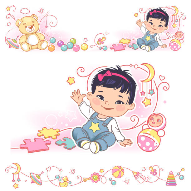 Decorative borders with baby and toys Baby, toys, ornamental border design. Cute asian baby girl sit wave hand. Vector frames, upper and bottom border.  Decorative elements, bottle of milk, pacifier, carriage, bear. Vector illustration. bear stomach stock illustrations
