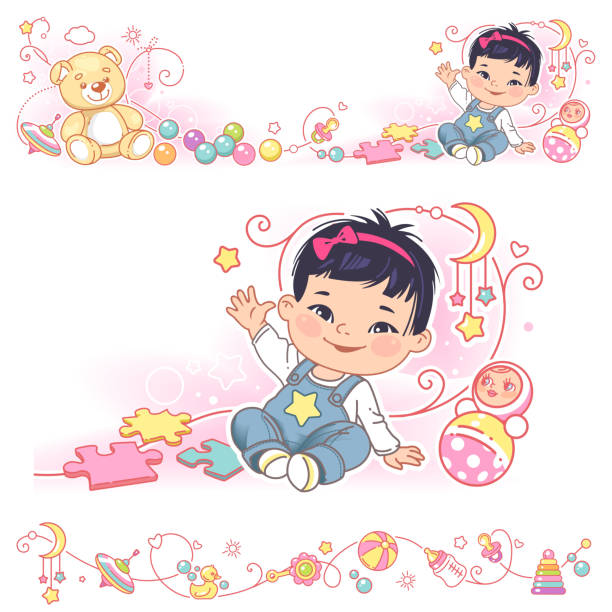 Decorative borders with baby and toys Baby, toys, ornamental border design. Cute asian baby girl sit wave hand. Vector frames, upper and bottom border. Decorative elements, bottle of milk, pacifier, carriage, bear. Vector illustration. stomach knot stock illustrations