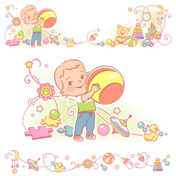Decorative borders with baby and toys Baby, toys, ornamental border design. One year baby standing,holding ball. Cute toddler boy or girl play with ball. lVector frames, upper and bottom border.  Decorative elements.  Vector illustration. bear stomach stock illustrations