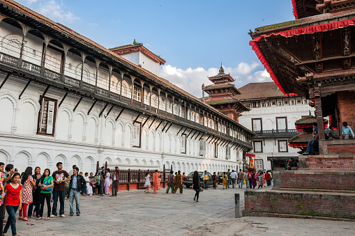 Kathmandu, Nepal - September 29, 2012: locals and tourists near Hanuman Dhoka on Durbar Square. Archive photo before the earthquake