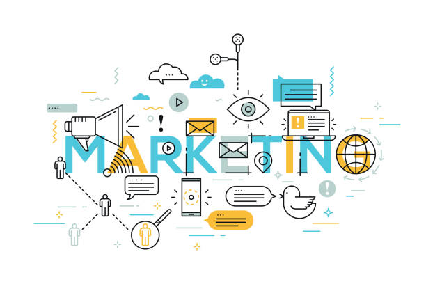 ilustrações de stock, clip art, desenhos animados e ícones de vector creative illustration of marketing word lettering typography with line icons - communication marketing dictionary global communications