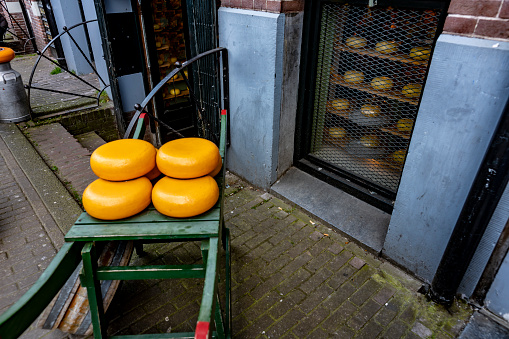 Dutch cheese on a wooden handcart in Amsterdam