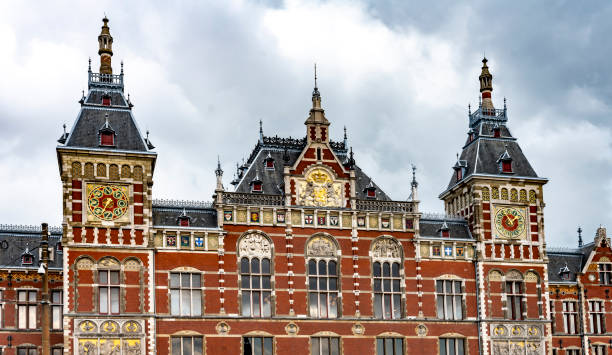 Exterior close-up of Amsterdam Centraal Railway station.