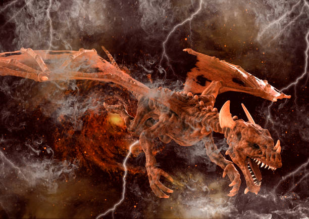 istock Fantasy scene of a huge dragon flying on the outer space. 1220973733