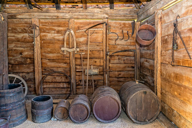 istock Old wooden barrels in cellar 1220973800