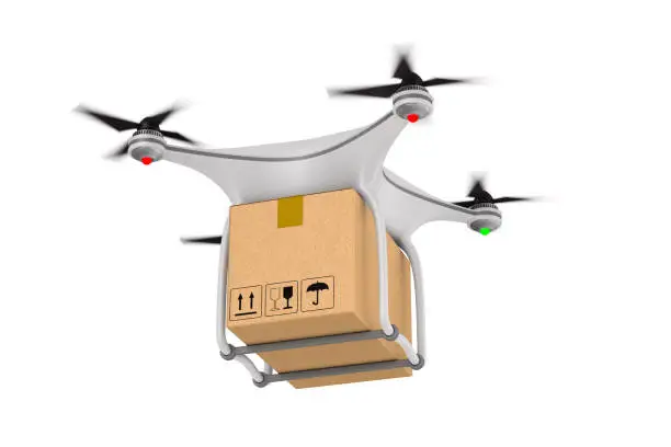 quadrocopter with cargo box on white background. Isolated 3d illustration