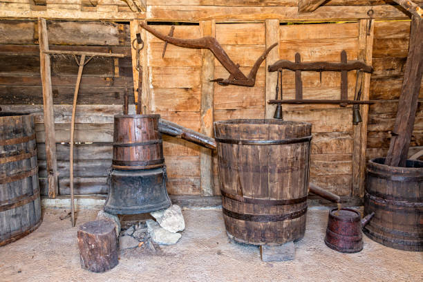 istock Old wooden barrels in cellar 1220974223