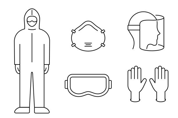 ilustraciones, imágenes clip art, dibujos animados e iconos de stock de conjunto de iconos de línea de equipos de prevención de coronavirus. traje protector, máscara, guantes, gafas, protector facial. - protective suit