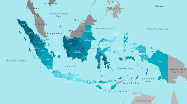 ベクターモダンイラストレーション。インドネシアと近隣諸国(マレーシア、ブルネイなど)の簡素化された地図。インディアンの海と海の青い背景。インドネシアの州名 - indonesia点のイラスト素材／クリップアート素材／マンガ素材／アイコン素材