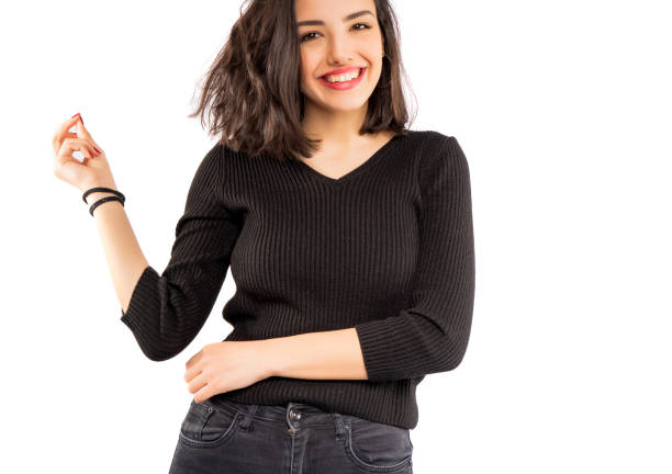 istock Beautiful smiling woman portrait isolated on white background 1220977149